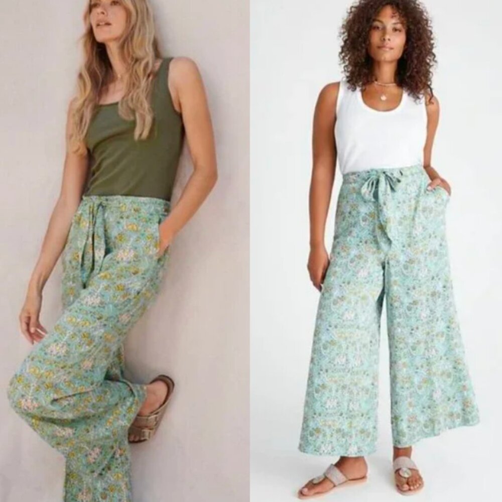 ☀️ ANTHROPOLOGIE MAEVE Blue Green Island Wide-Leg Pants Satin Summer Floral 6